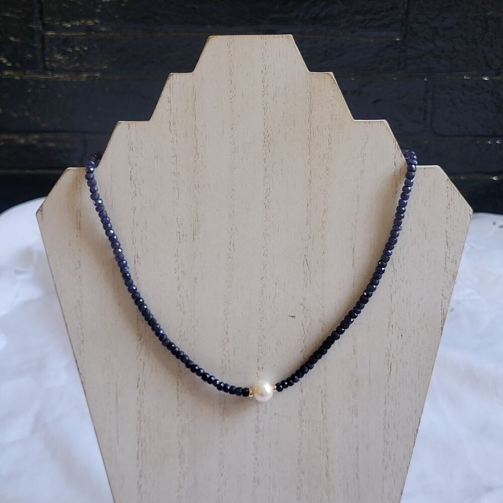 Blue Corundum Necklace (93 CTW) w/ 11MM White Cultured Freshwater Pearl 14KT 18"